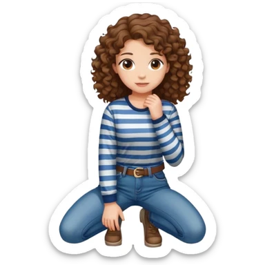 girl with curly hair in jeans and striped shirt kneeling on the ground seen from behind sticker
