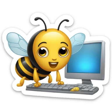 bee typing on computer with cute face sticker