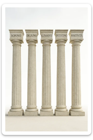 5 pilastri con le scritte "SONNO", "DIGIUNO", "ALLENAMENTO", "INTESTINO", "POSITIVITà" IMMAGINE IPERREALISTICA SFONDO CHIARO IN ITALIANO sticker