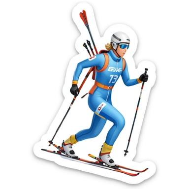 An icon featuring a biathlete in motion, holding a rifle and skiing across a snowy course. The backdrop includes snow-covered trees, distant mountains, and a clear blue sky. Transparent background highlights the precision, endurance, and excitement of biathlon. sticker