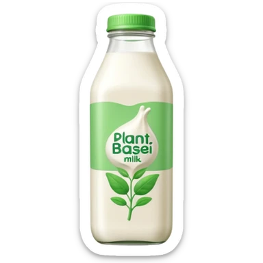 A 3D cartoon bottle of plant-based milk identical to dairy milk, small green tint or leaf mark, Memoji-style. sticker