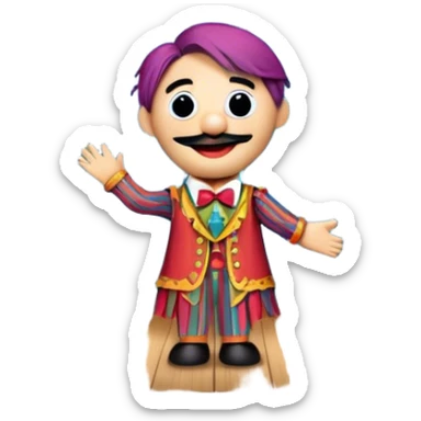 Icon for Puppet Theater: a puppet on strings with theatrical curtains in the background, along with a small stage and dramatic lighting. The icon should represent the whimsical and artistic nature of puppet performance. Transparent background. sticker