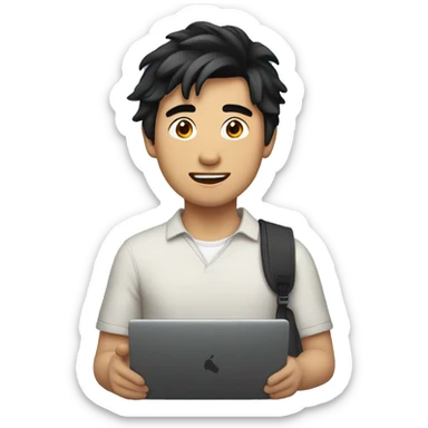 Asian man with black hair, college student holding a laptop sticker