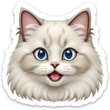 cinematic-adorable-big-eyed-fluffy-ragdoll-cat-portrait-emoji,-head-tilted-playfully-with-a-cute,-exaggerated-yawn,-white and grey fur,-simplified-yet-irresistibly-cute-features, blue eyes sticker