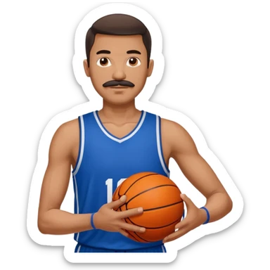 bold man basketball player blue jersey with mustache holding basket ball sticker