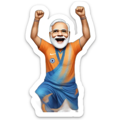 hyper realistic narendra modi celebrating in blue indian cricket team jersey sticker