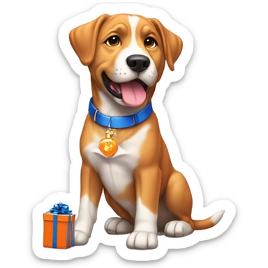 happy cute american stafford with simple blue collar with orange pendant from half side perspective with presents and gifts around him sticker