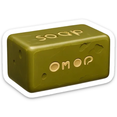 cube or rectangular soap bar in olive green or brownish hues, matte rustic surface, slightly irregular edges, lightly embossed seal or stamp, no foam or packaging, soft lighting, subtle shadows, emoji scale sticker