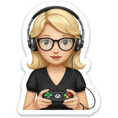 
gamer, woman with blond wavy hair, tight black dress with a white line with glasses, headphone, gamepad sticker