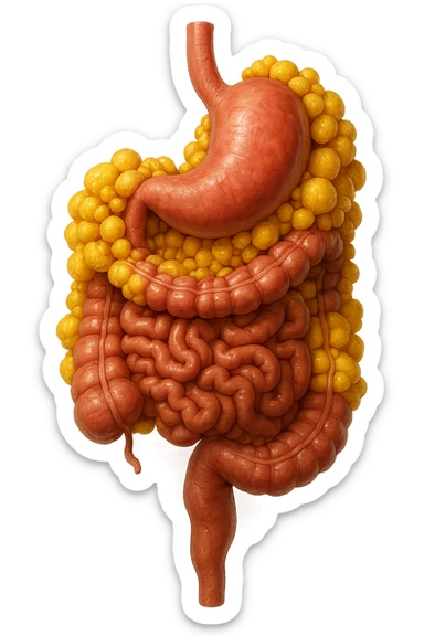 STOMACO E INTESTINO SONO VERTICALMENTE COLLEGATI E INTORNO A QUESTI ORGANI CI SONO CELLULE DI GRASSO GIALLE ATTACCATE SOPRA A GRAPPOLI, IPERREALISTICO 4K sticker
