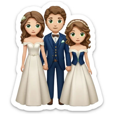 A bride and groom. Bride has brown hair with soft curls, has green eyes, wears an off shoulder dress. Groom, dark blue eyes, hair is blond, wears a western suit with a brown vest and a bolo tie. sticker