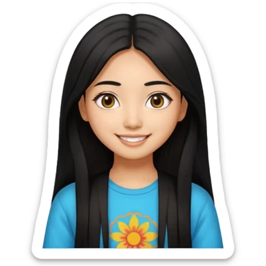 20 yr old asian woman hair trendy clothes center part big eyes big smile tanned skin straight black hair hippie part hair  sticker