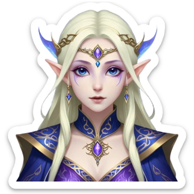 Cinematic Realistic WoW Elf Mage Portrait, depicted with ethereal, otherworldly beauty and refined arcane mastery. Clad in an intricately detailed robe in consistent deep blues and purples accented with shimmering gold filigree, her luminous, porcelain-like skin and delicate features evoke timeless elegance. Her piercing, mystical eyes radiate ancient wisdom, rendered with lifelike texture and subtle, magical lighting, high shine, noble and majestic, capturing the essence of a legendary elven sorceress. sticker