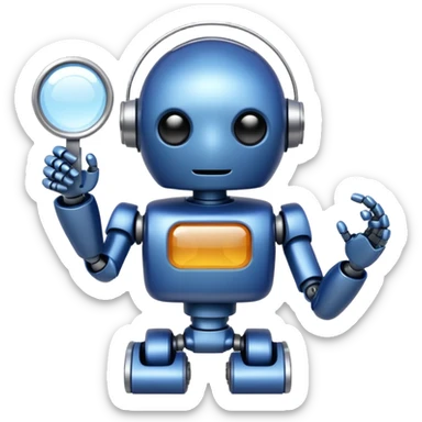 A little robot with a looking glass in indigo-500 sticker