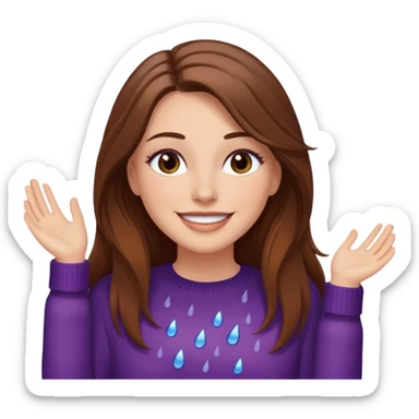 white woman with long brown hair and brown eyes, in a sweater, enjoying the rain, with makeup sticker