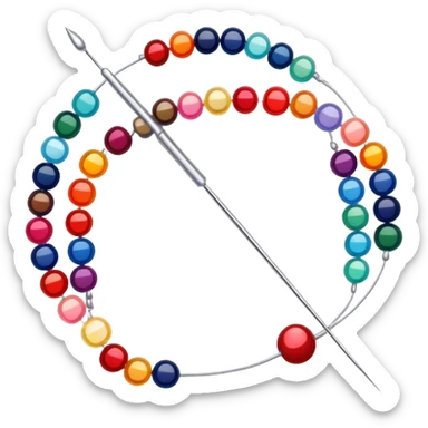 Create a harmonious and well-composed icon that represents the hobby of beadwork. The design should feature colorful beads, thread, and a beading needle or tool in a balanced arrangement. The elements should flow naturally, reflecting the creativity and precision of the craft. Ensure the composition is clean and aesthetically pleasing, with vibrant yet balanced colors. The background should be transparent. sticker