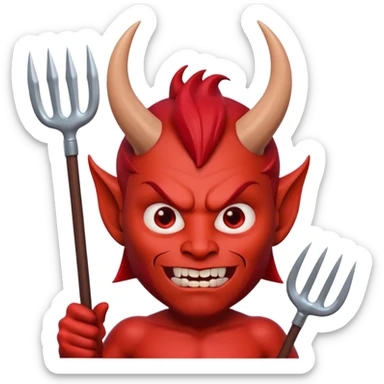 3D Memoji style male devil, red skin, horns, pitchfork, scary expression, soft lighting, solid background. sticker