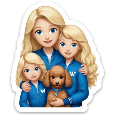 smiling mother in letterman jacket with W and Blue eyes, two Little girls Long blond straight hair and Blue eyes and one brown poodle puppie sticker