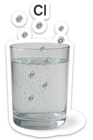 un bicchiere di acqua fluttua in aria realistico e dettagliato, dentro l'acqua del bicchiere ci sono particelle di cloro ben visibili con la scritta "Cl" sopra, ci sono particelle anche che escono dal bicchiere e fluttuan
o in aria verticalmente, mentre alcune sono all'interno dell'acqua nel bicchiere, iperrealistico 4k sticker