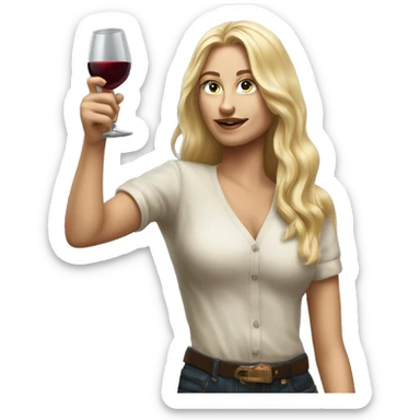 Blonde women with LONG HAIR holding Wine, ,POINTING YOU FORWARD with her HAND with INDEX FINGER, Hyper Realistic sticker