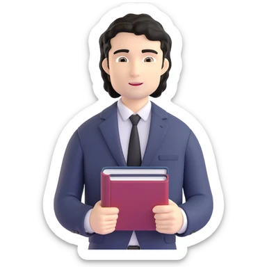 Professional 35-year-old man with black wavy hair, stubble, strong jawline, white skin tone, wearing smart casual business attire, holding a business book, with a confident approachable expression sticker