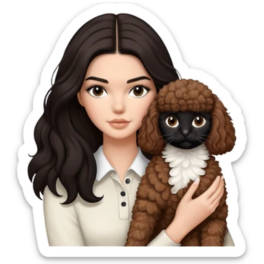 Kendall Jenner with long dark hair, holding a brown poodle and a black and white cat sticker