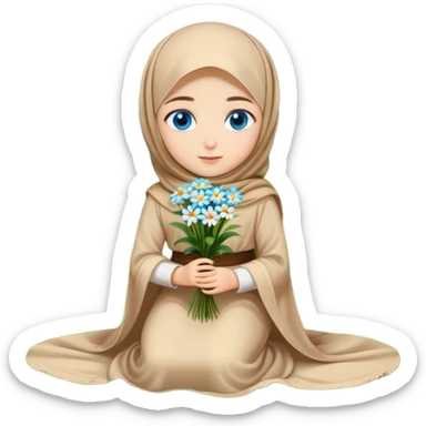 Turkish beautiful finish Konya girl blue eyes with beige flower hijab long tail dress and sits on the grass on the ground and hold beige flower on hand  sticker