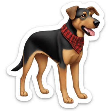 75% Coonhound 25% German Shepherd mix dog wearing small pointed red buffalo plaid bandana pointing down side view full body facing left sticker