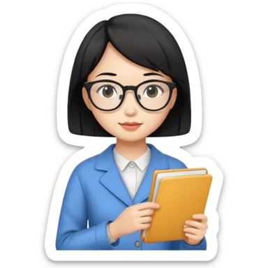 A young female guide with fair skin and short black hair from Asia, holding her guide in one hand sticker