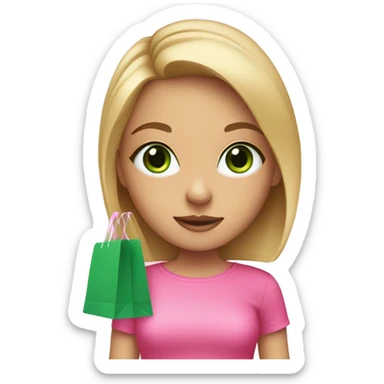 cute dark blonde with green eyes wearing pink surrounded by pink shopping bags sticker