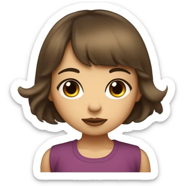  girl with shoulder-length so brown hair with bangs and wavy, slightly not much tanned skin, small black eyes, and making a kissing pout with her lips. sticker