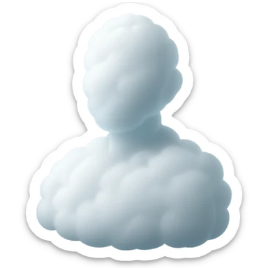 person made entirely of white fluffy convex clouds with slight transparency, shoulders up, front view, matte glass style, no background sticker