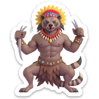 A native strong buff hyena with war bonnet flexing posing full body holding a chopped off human head by the hair  sticker