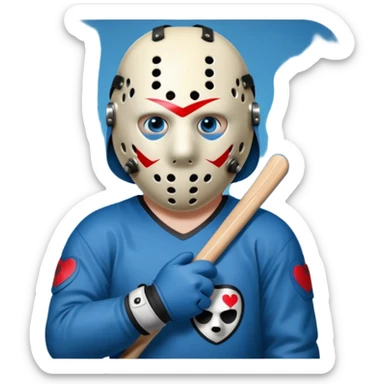 a cartoon image of Jason Voorhees, looking cute, with his hands clasped in front of him, at a sideways angle, looks like he is in love sticker