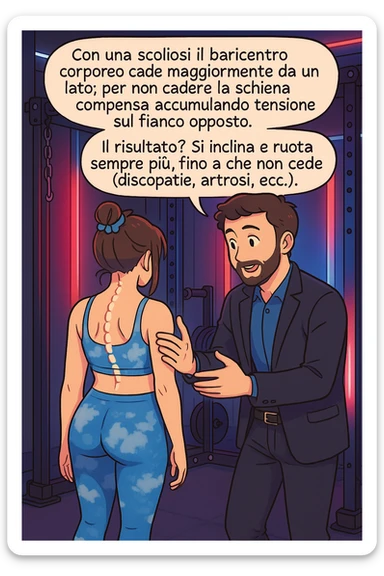 fai questa immagine in versione manga/webtoon a colori con stile di disegno carino e moderno, il manga mostra la donna di spalle, mentre l'uomo le tocca la spina dorsale per spiegarle come funziona la scoliosi:
Con una scoliosi il baricentro corporeo cade maggiormente da un lato; per non cadere la schiena compensa accumulando tensione sul fianco opposto.
Il risultato? Si inclina e ruota sempre più, fino a che non cede (discopatie, artrosi, ecc) sticker