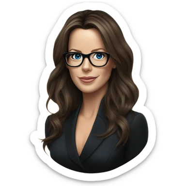 Hyper Realistic photo Kate Beckinsale blue eyes wearing glasses in a business meeting black dress sticker