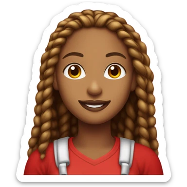 Light brown lady smiling,  brown long African braids, bright red lips, eyelashes, wearing red “happy Valentine’s Day” t shirt sticker