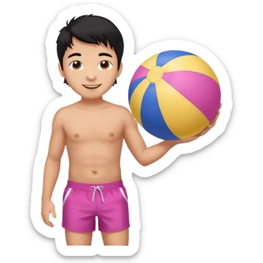 Hawaiian boy with black hair with pink highlights and a swim short, with beach ball sticker