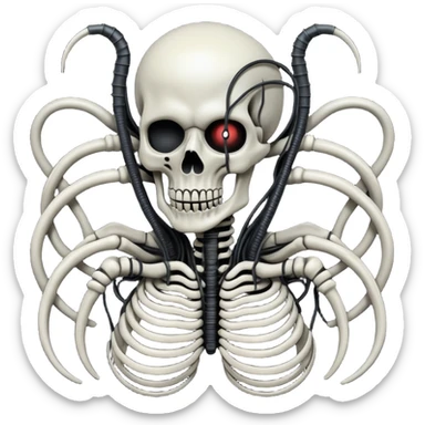 intertwined black wires with undead elements, Giger-inspired, dark surreal biomechanical style sticker