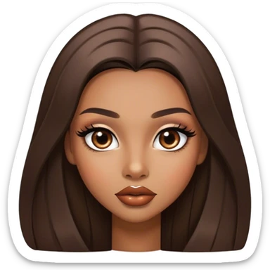 Glamourous, light brown skin tone, very beautiful girl, with big plump shiny lips, long long lashes, black straight smooth silky long hair, straight parting hair, brown eyes sticker