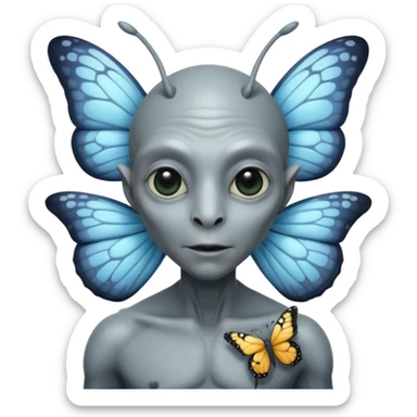 an standard grey alien with seperate a butterfly on shoulder sticker