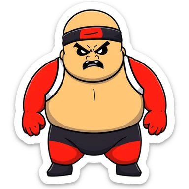 Close-up of white skin fat guy no muscle with prominent black durag, completely shaved face, no beard or mustache, black eyes in a red and black wrestling singlet with angry face sticker