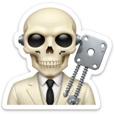 cinematic realistic - a politician in an ivory ethereal suit wears a white tie, has a skull instead of a head, and instead of glasses, has a metal plate with screws over his eyes sticker
