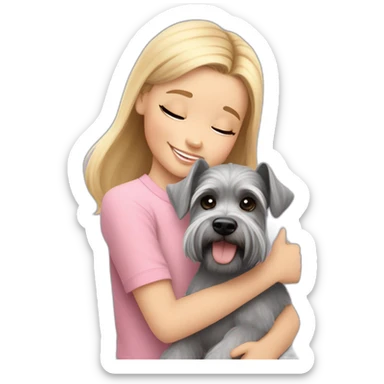 A seven-year-old girl with blonde hair in a light pink T-shirt and rainbow leggings hugs a gray miniature Schnauzer dog sticker