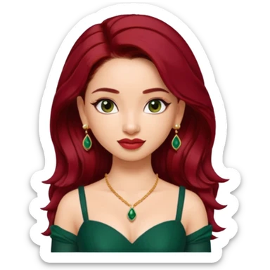 pretty bratz genmoji that looks like tamannah bhatia (bollywood actress), wearing a dark green sweetheart neckline top, dark red hair, light makeup, no necklace, dangly earrings, side hair part sticker