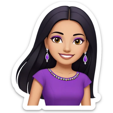 beautiful woman boss, with long straight black hair, with make up, black eye liner, smile, mexican, brown skin, wearing purple dress white earings, she stand up,  sticker