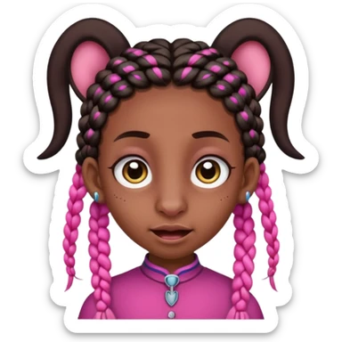 arikan, dark long hair whit pink and black braids. brown skin, smal face and a super big nose and super big ears. big eyes. big mouth sticker