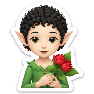 Tiny elf baby black curly hair with pointy ears, hold flowers sticker
