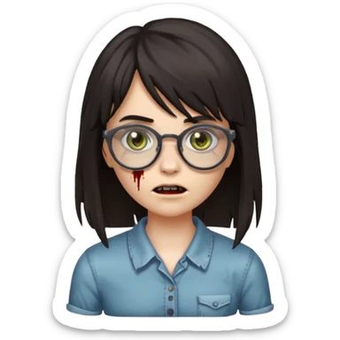  iPhone emoji is a zombie girl with dark hair long below her shoulders bangs and a ragged haircut gray eyes glasses  sticker
