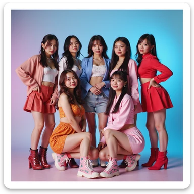 Blackpink, K-pop group, group pose, vibrant stage outfits, energetic, photorealistic style sticker